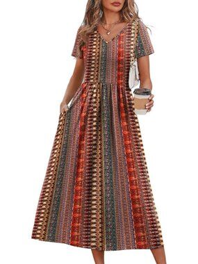 Women's Vintage Ethnic Flowy Casual A Line Midi Beach Sundresses With Pocket